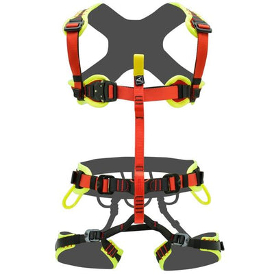 Vista frontal del arnés de rescate ultraligero KONG Target Pro, amarillo fluorescente y rojo