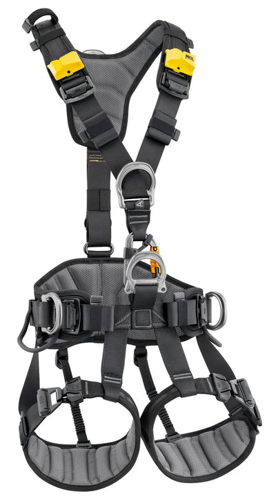 Petzl AVAO FAST International Version full-body safety harness, designed for work positioning and rope access. Features padded waistbelt and leg loops with breathable lining for comfort. Equipped with self-locking DOUBLEBACK buckles and FAST opening buckles for quick adjustments. Multiple attachment points and gear loops for optimized equipment organization. Certified to international safety standards