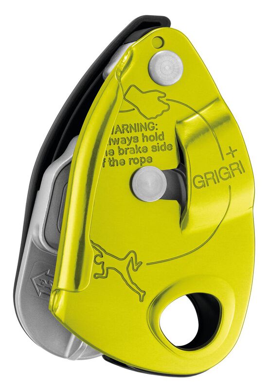 Petzl GRIGRI + belay device in yellow, front view with anti-panic handle