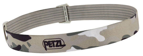 Petzl spare headband for ARIA headlamps, camo colors, designed for comfortable and secure use.