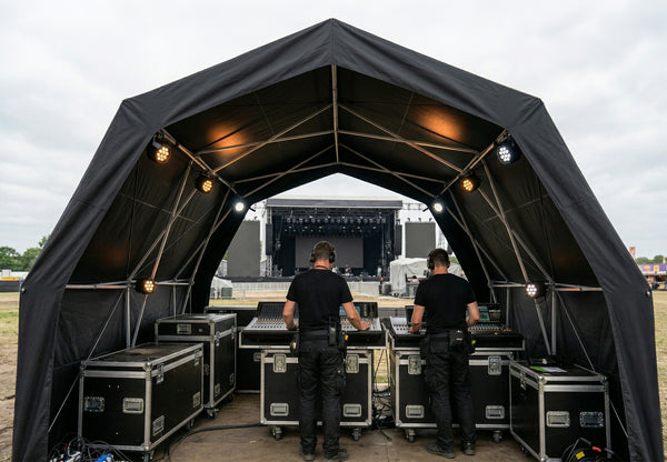 Konligo commercial pop-up tent set up as a front-of-house booth at a live event