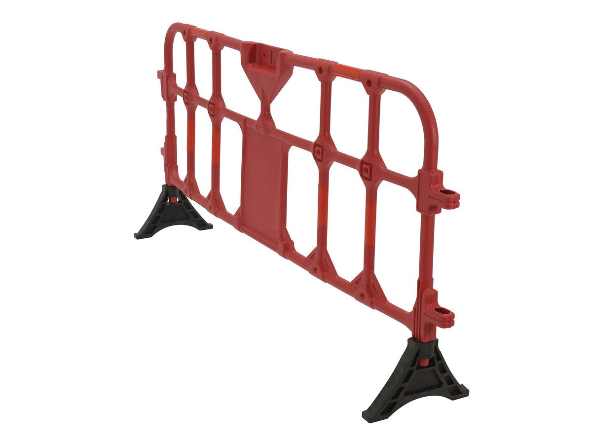 Vestil Plastic Interlocking Barrier in red, side angle view showing the barrier profile and black base feet. - imagen 5