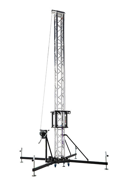 Fully assembled Kuzar K-10 tower lifting standing vertically with its premium 6082-T6 aluminium sections, wide steel base stabilizers, and manual hoist winch system. - imagen 2