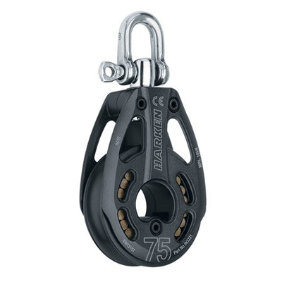 Harken 75mm Black Magic Single Pulley - Swivel– Black Magic Air pulleys excel in managing high dynamic and static loads, particularly in scenarios with friction challenges, thanks to their remarkable strength-to-weight ratios and free-rolling, high-load roller bearings. The versatile pulley shackle offers dual-direction locking or swiveling to prevent rope twisting. – Now available at MTN Shop US.