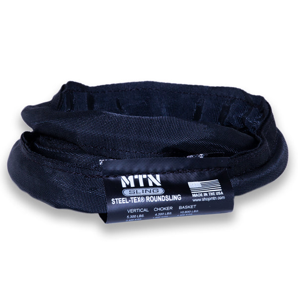 MTN Round Slings Black Steel-Tex– MTN Slings are designed to match theatrical settings and safely perform during all of your lifting applications. For sale in 2', 3', 4', 6', 8' 9', 12' lengths. Best round slings for rigging, lightweight, OSHA certified, black theatrical color. – Now available at MTN Shop US.