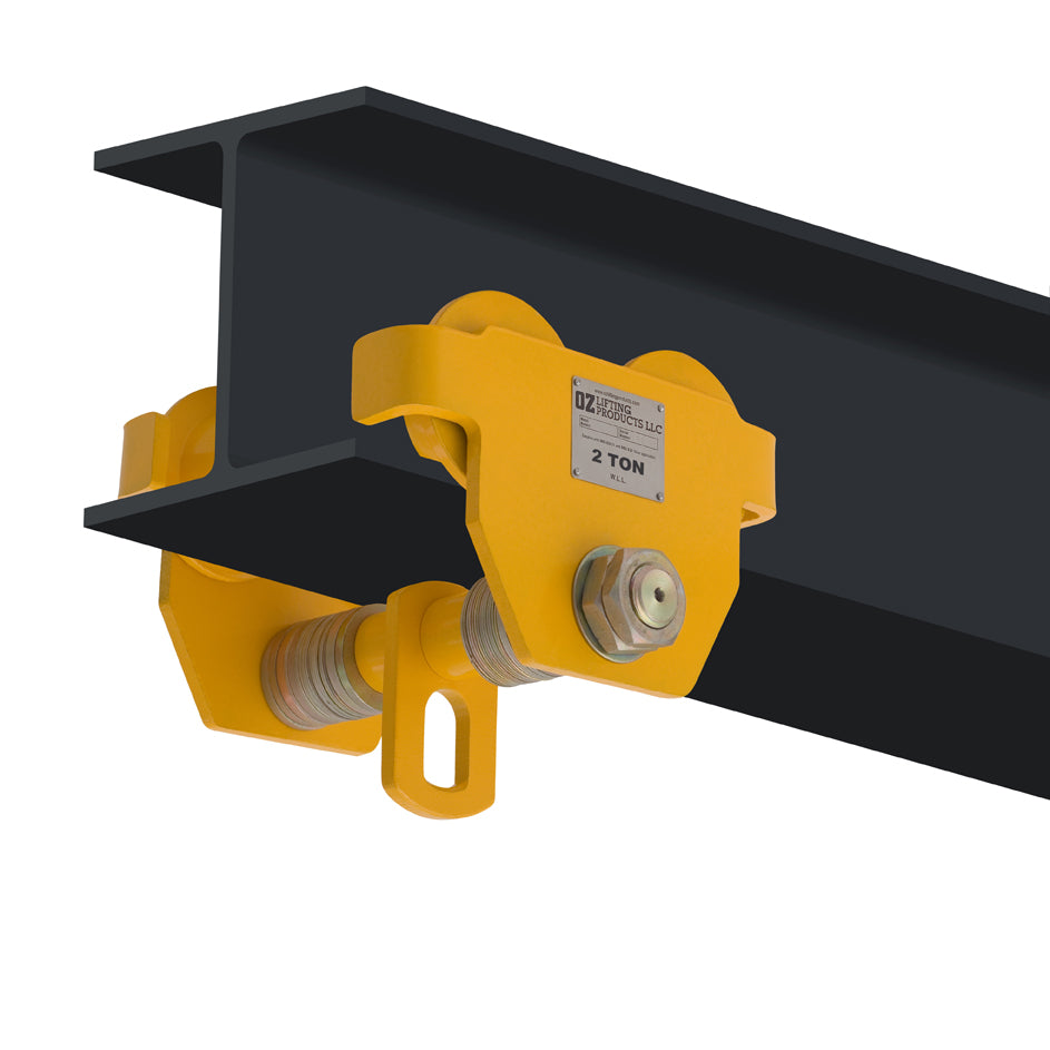 OZ Lifting Push Beam Trolley– The Oz Lifting beam trolley can quickly and securely fasten onto most I-beams to support weight ranging from 0.5 ton to 10 tons. The robust trolley is fully-welded with an all-steel construction making it highly durable and dependable. The trolley has a lightweight construction and an anti-drop plate to for easy and protected operation and setup. – Now available at MTN Shop US. - imagen 2