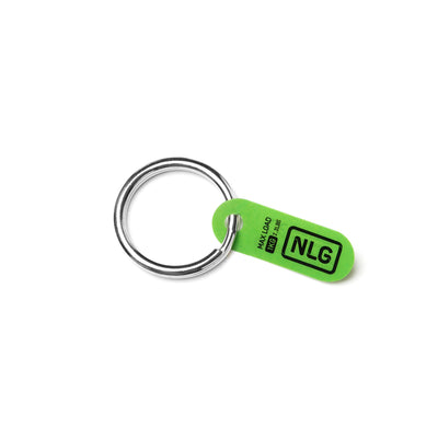 Keychain ring with a green tag labeled 'NLG' on a white background