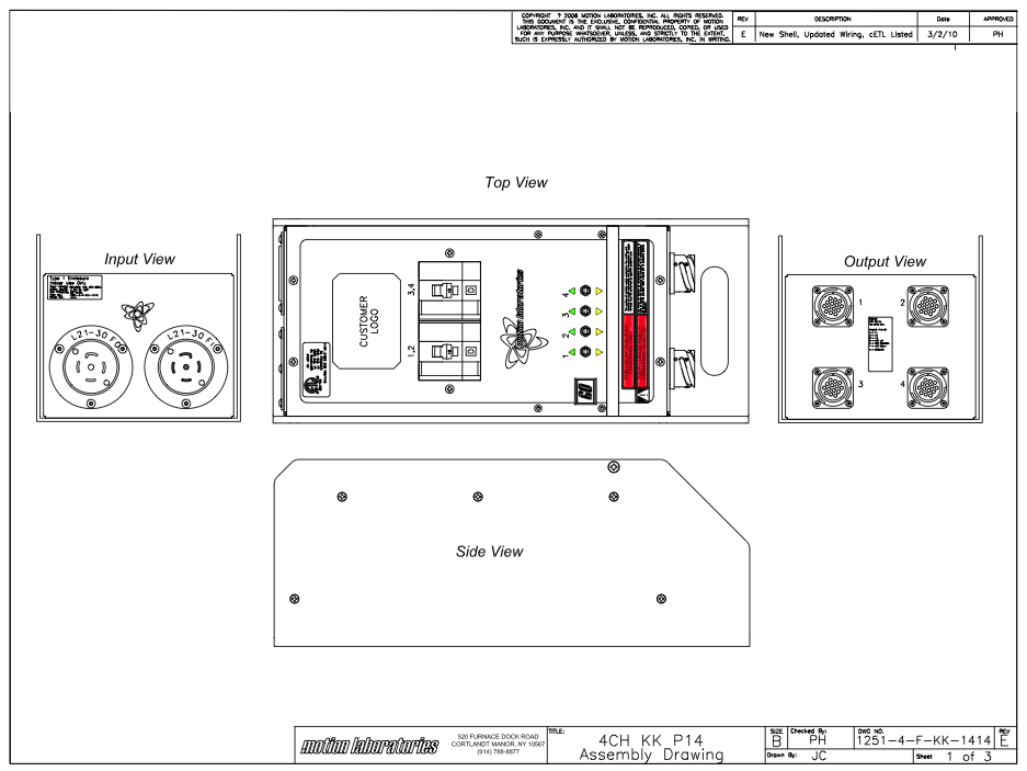 Motion Labs 4 channel chain hoist controller technical drawing showing input, top, side and output views with connector layout - imagen 3
