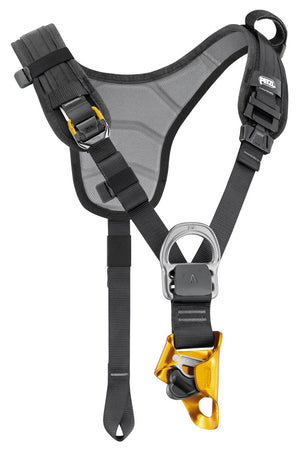 Petzl TOP CROLL chest harness designed for rope access and work at height. Compatible with AVAO SIT, ASTRO SIT, FALCON, and SEQUOIA SRT harnesses, featuring an integrated CROLL L ventral rope clamp for efficient ascents