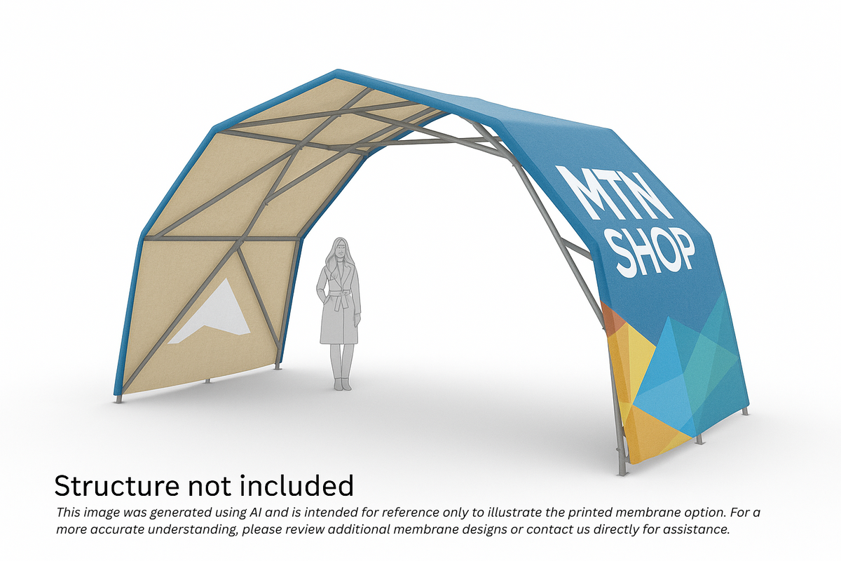 Konligo Fastival printed black membrane attached to frame. Digital AI illustration with human scale reference, now available on MTN SHOP US - imagen 3