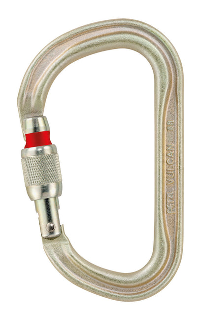 Petzl Vulcan high-strength steel carabiner with SCREW-LOCK, available in gold and black, designed for multiple anchors and harsh environment use.