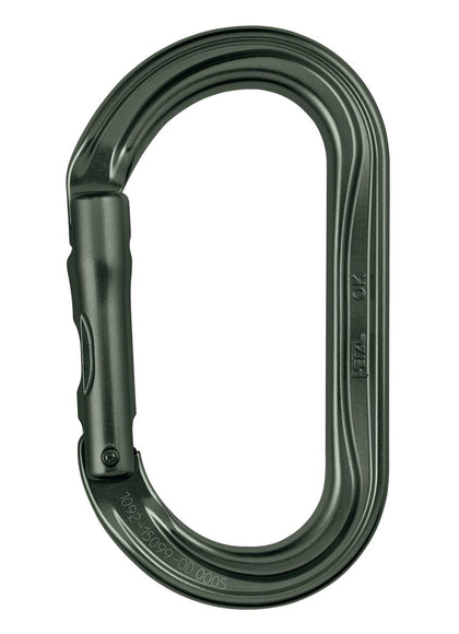 Petzl OK aluminum oval carabiner with TRIACT-LOCK, BALL-LOCK, or SCREW-LOCK system, designed for optimal loading of wide cross-section devices.