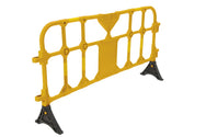 Vestil Plastic Interlocking Barrier in yellow, angled view of the open slat design with black base feet. - imagen 14