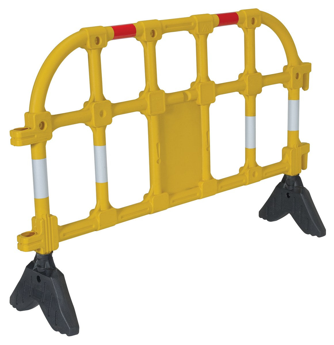 Vestil Plastic Interlocking Barrier in yellow, angled view with red tape, white post bands, and black base feet. - imagen 17