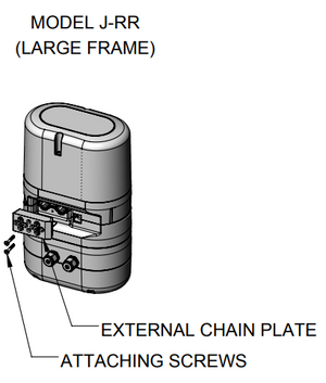 Diagrama de placa de cadena externa CM Lodestar que muestra el lado del extremo suelto, el lado de carga, la flecha de orientación y los tornillos de fijación para polipastos de estructura grande (modelo J-RR) y de estructura pequeña (modelo B-F).