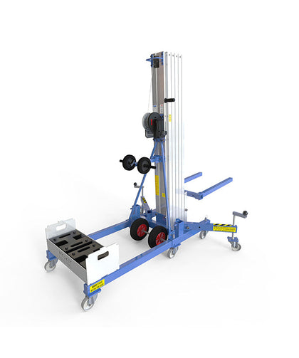 Kuzar Industrial Lifter 300kg/7.3m with 100kg Counter Weight & Basket - HAMMER 73CW– Kuzar lifter 300KG- a robust industrial stacker with Counter Weight basket and 100kg of weight included. Made in Spain, the HAMMER 73CW Lifter has been designed for vertically lifting loads, and horizontal movements with the load lifted at minimum height. This stacker with an impressive 300kg capacity has high-quality wheels for easy movement and a powerful winch for efficient lifting whilst remaining compact and agile. Com