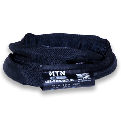 Eslingas redondas MTN Black Steel-Tex: las eslingas MTN están diseñadas para adaptarse a entornos teatrales y funcionar de forma segura durante todas sus aplicaciones de elevación. A la venta en longitudes de 2', 3', 4', 6', 8' 9', 12'. Las mejores eslingas redondas para aparejos, livianas, certificadas por OSHA, color negro teatral. – Ahora disponible en MTN Shop US.