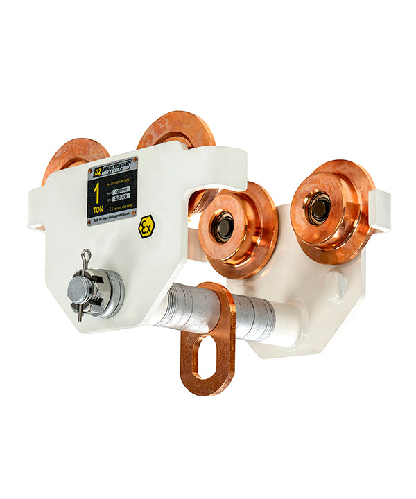OZ Lifting Spark Resistant Push Beam Trolleys– The Oz Lifting spark resistant push beam trolley is designed for safe use in potentially explosive atmospheres. When working in explosive zones there are extremely strict guidelines and requirements for the equipment you use. OZ Lifting Products’ Spark Resistant Push Beam Trolleys are manufactured in compliance with the EU’s explosion-proof standard ATEX94/9/EC and the Machinery Directive 2006/42/EC. The explosion-proof level can reach: EX II2 GD c IIIC T135°C. - imagen 2