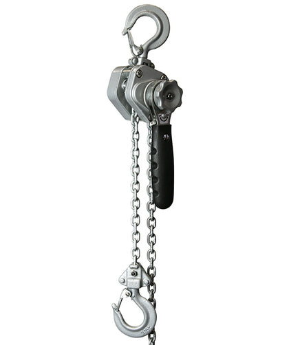 OZ Lifting Industrial Lever Hoist– The Oz Lifting industrial lever hoist is an all steel constructed, lever operated hoist with lifting capacities of 0.75 ton, 1.5 ton and 3 ton, and an aluminum construction 0.25 ton model. The hoist uses a 100% load tested grade 80 alloy chain and features fully enclosed gearing for protection against contaminants and debris. The hoist has load sheave bearings and a long lasting powder coated finish. The steel handle has a rubber grip for easy control and grip. The hoist a