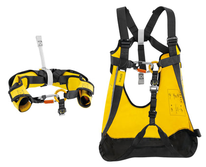 Petzl Thales Safety Chest Collar & Evacuation Triangle – The Petzl Thales safety chest collar and evacuation triangle with shoulder straps is engineered for use on helicopter evacuations, cable lift evacuations and rescue operations. The chest collar is used to secure an evacuee in emergency situations before evacuating with the triangle. Three hook and loop straps are used to quickly transition from the chest collar to the triangle configuration. Suspension with the Thales Triangle is more comfortable than