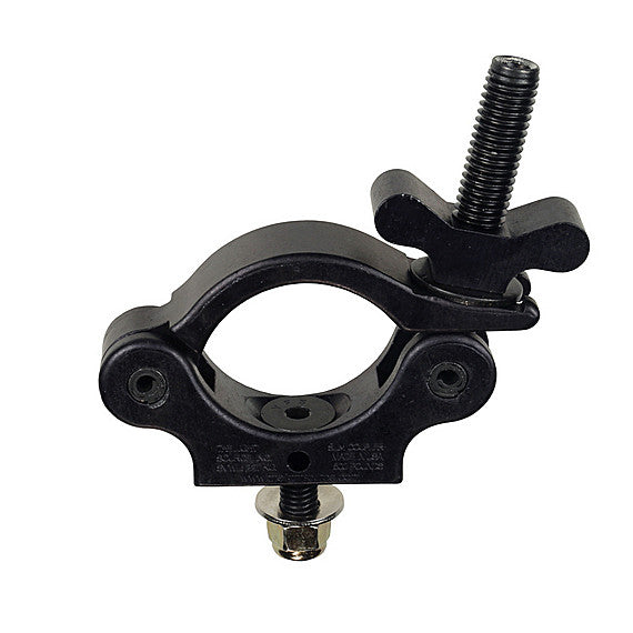 The Light Source Mega-Slim Coupler MSCB-CS — black low-profile lighting clamp front view showing clamp opening and flat head bolt for truss and pipe installations. - imagen 4